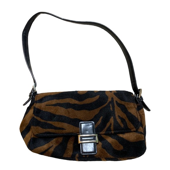 Vintage Handbags - Vintage Y2K Zebra Brown Baguette Shoulder Bag Handbag Purse Retro Fuzzy